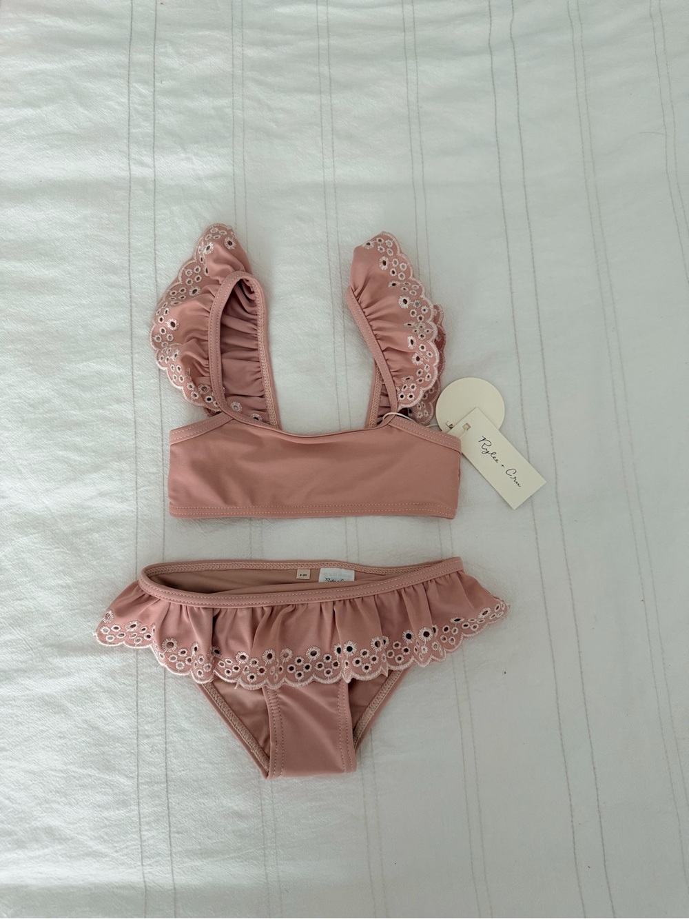 Rylee + Cru Dusty Pink Eyelet Ruffle Girls' Two-Piece Swim Set - Picture 3 of 5